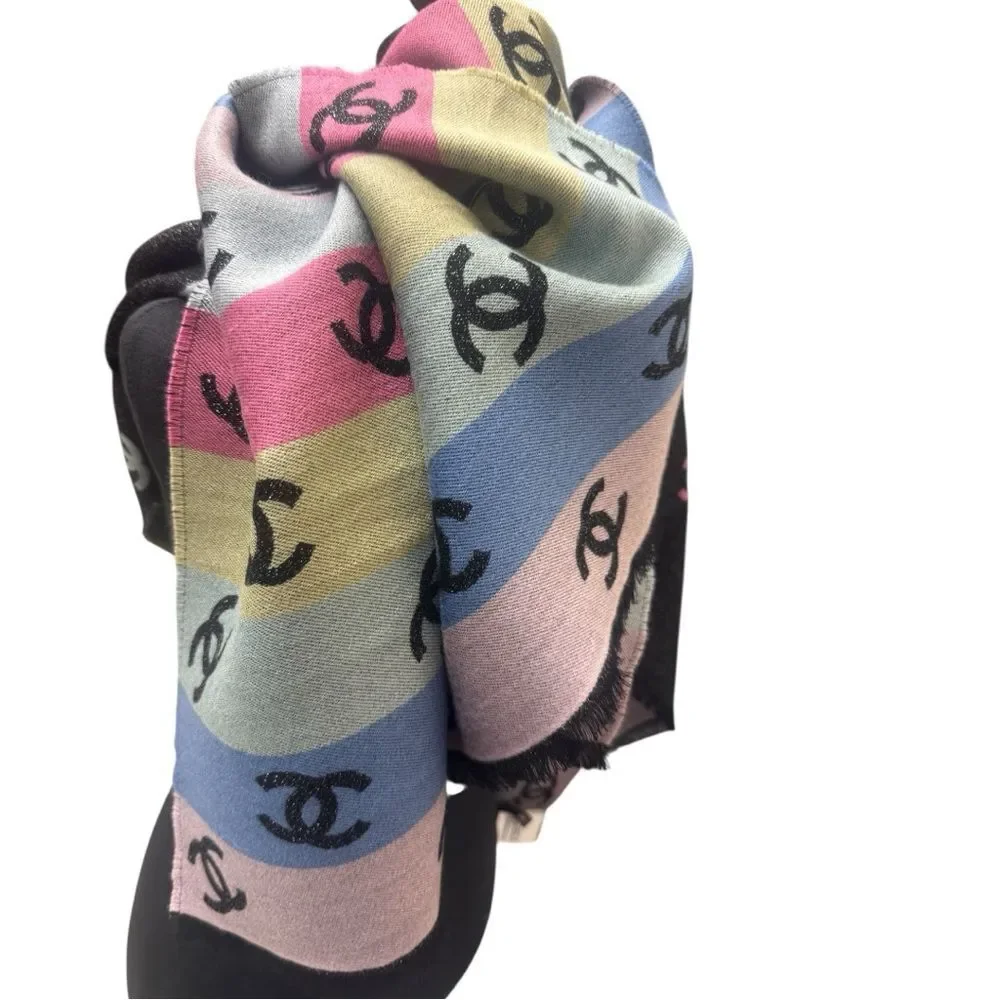 NWT Chanel Rainbow Shine Reversible CC Logo Cashmere Wool Silk Wrap Scarf 2024